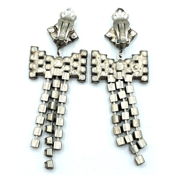 Long Rhinestone Earrings Bows Articulating Drop Dangling Clip Ons Vintage Costum - Picture 5 of 8